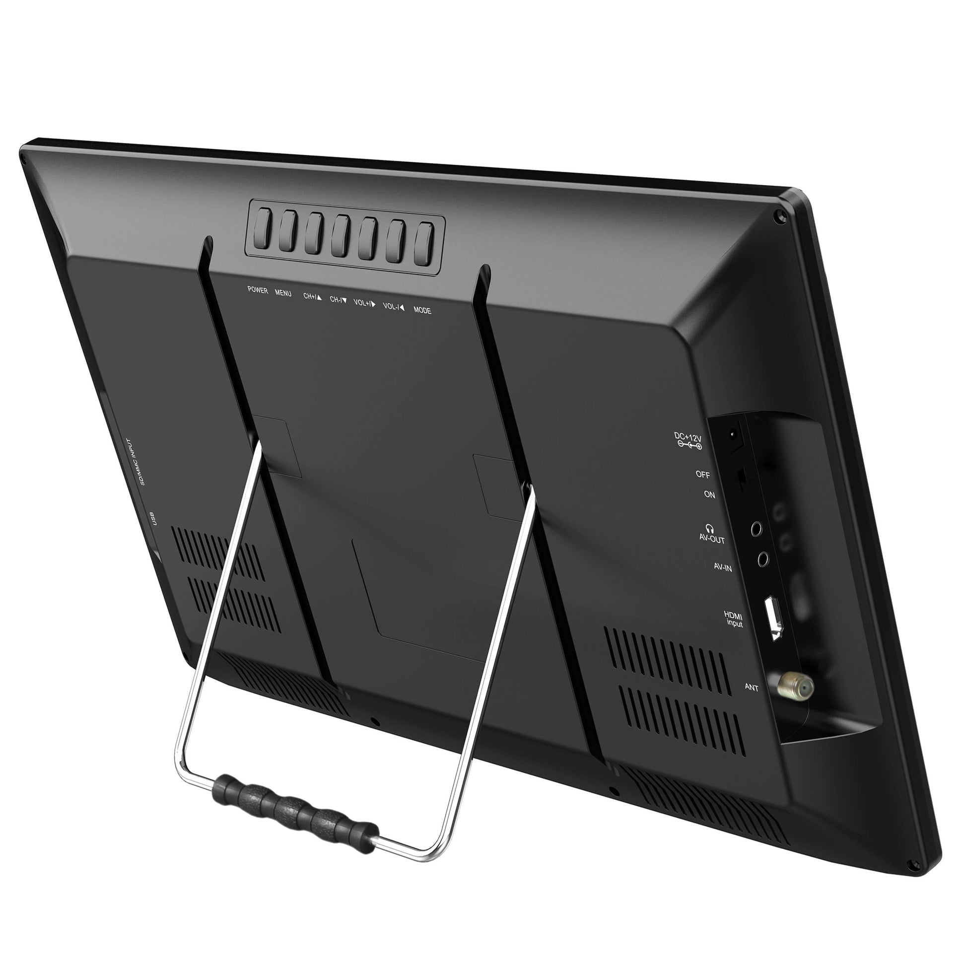 Back view of a black electronic device with stand on a white background