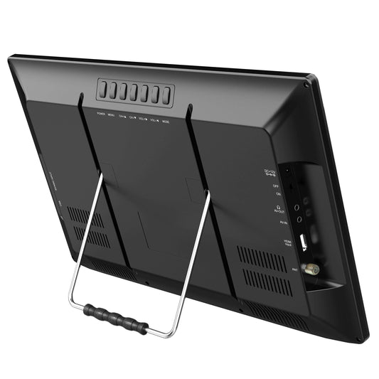 Back view of a black electronic device with stand on a white background