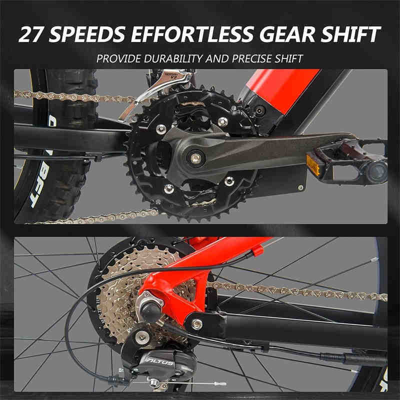 Bicycle gear system with chain and sprockets, highlighting 27 speeds and gear shift features.
