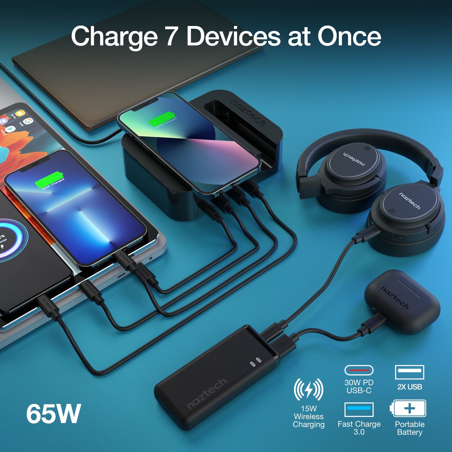 Multiple electronic devices being charged by a power bank on a blue background with text 'Charge 7 Devices at Once'. Axis-Dynamics 