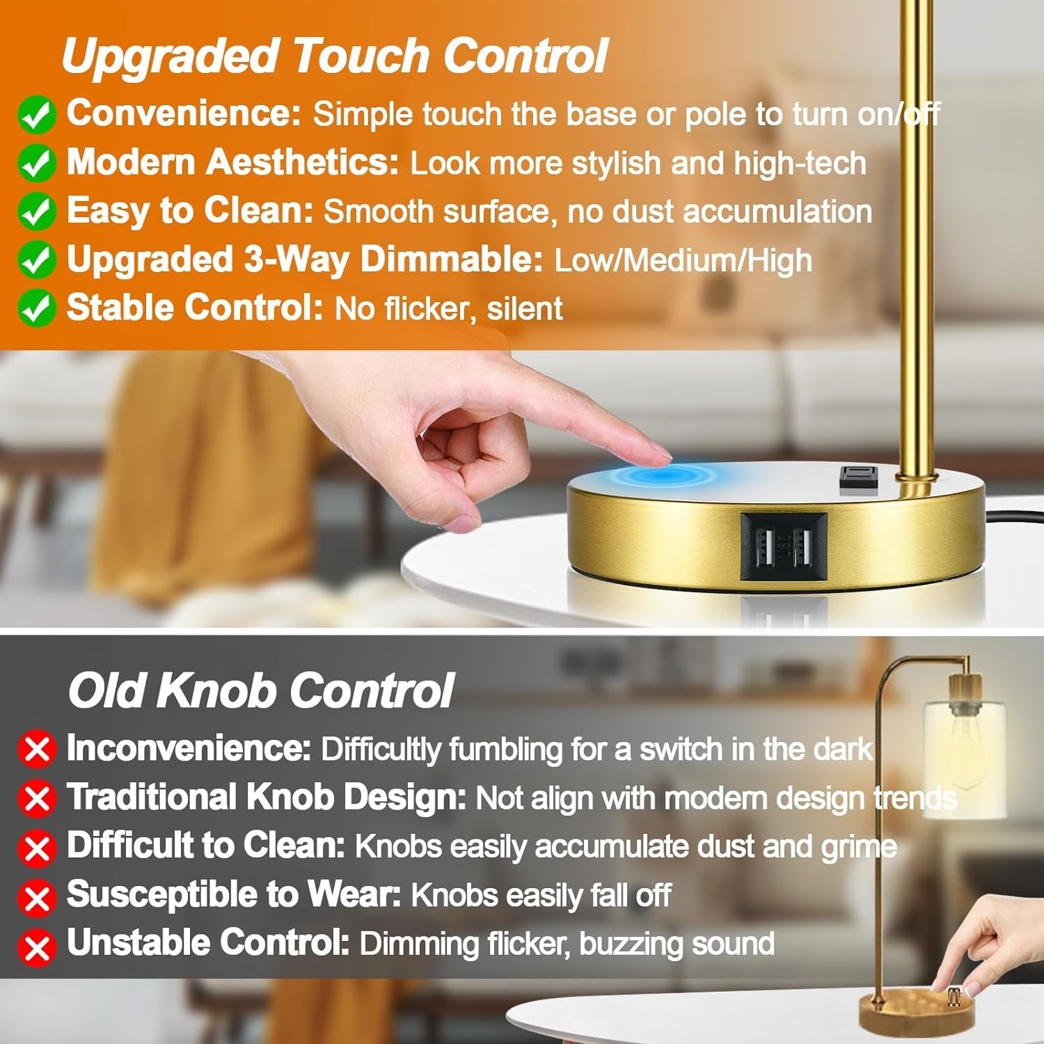 Comparison of upgraded touch control and old knob control for a lamp with text highlighting features.