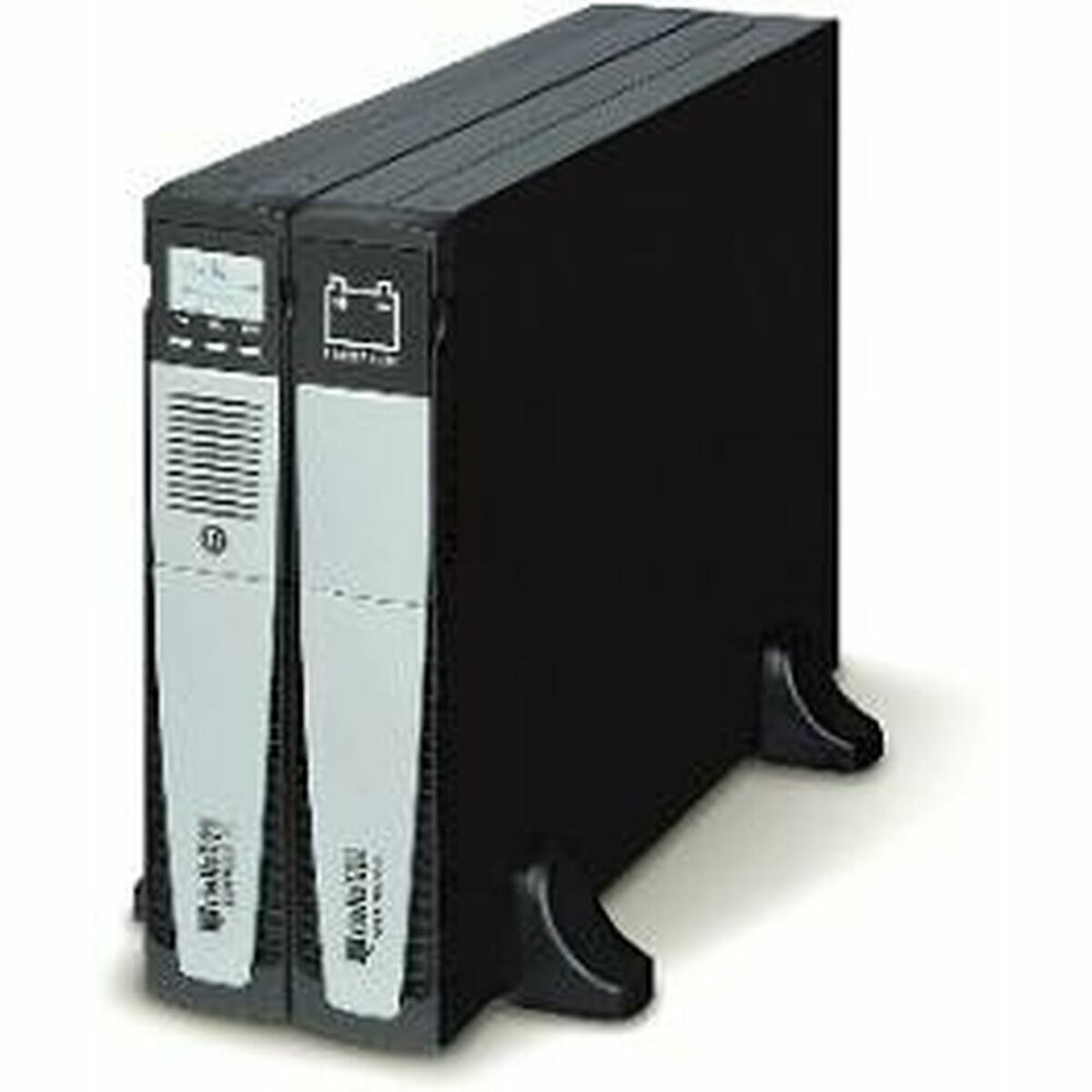 Black and gray uninterruptible power supply (UPS) on a white background