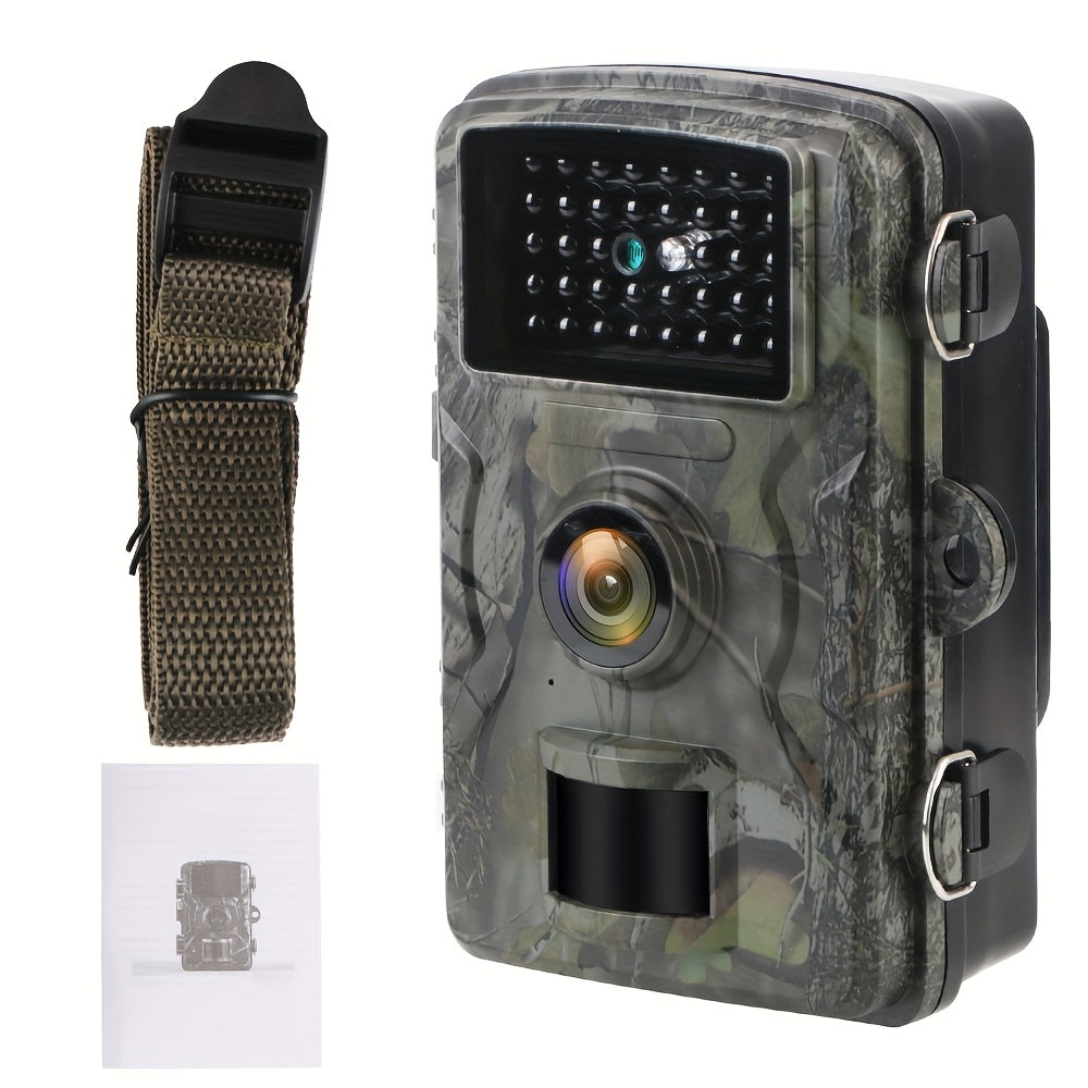 Camouflage-patterned trail camera with strap on a white background
