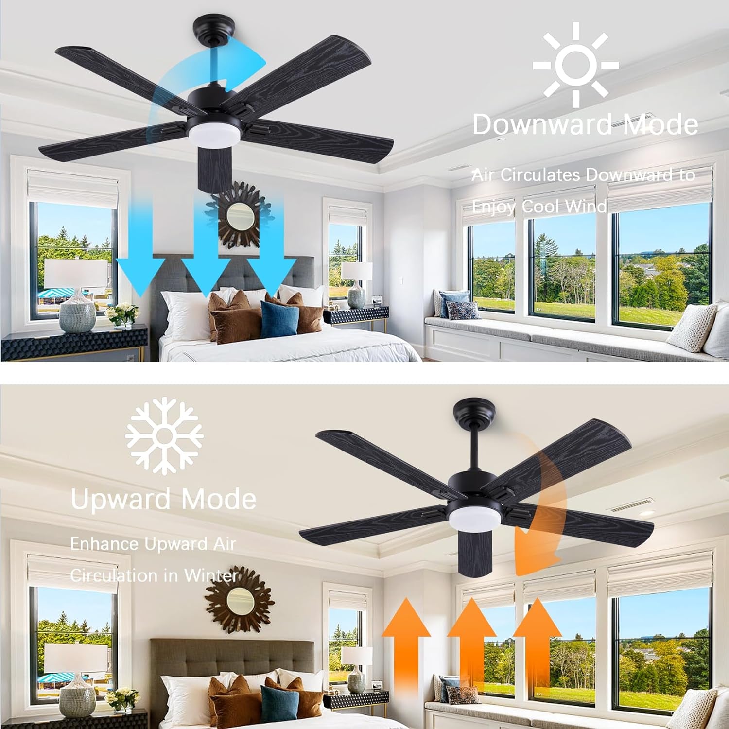 Ceiling fan in a bedroom with mode indicators for downward and upward airflow.