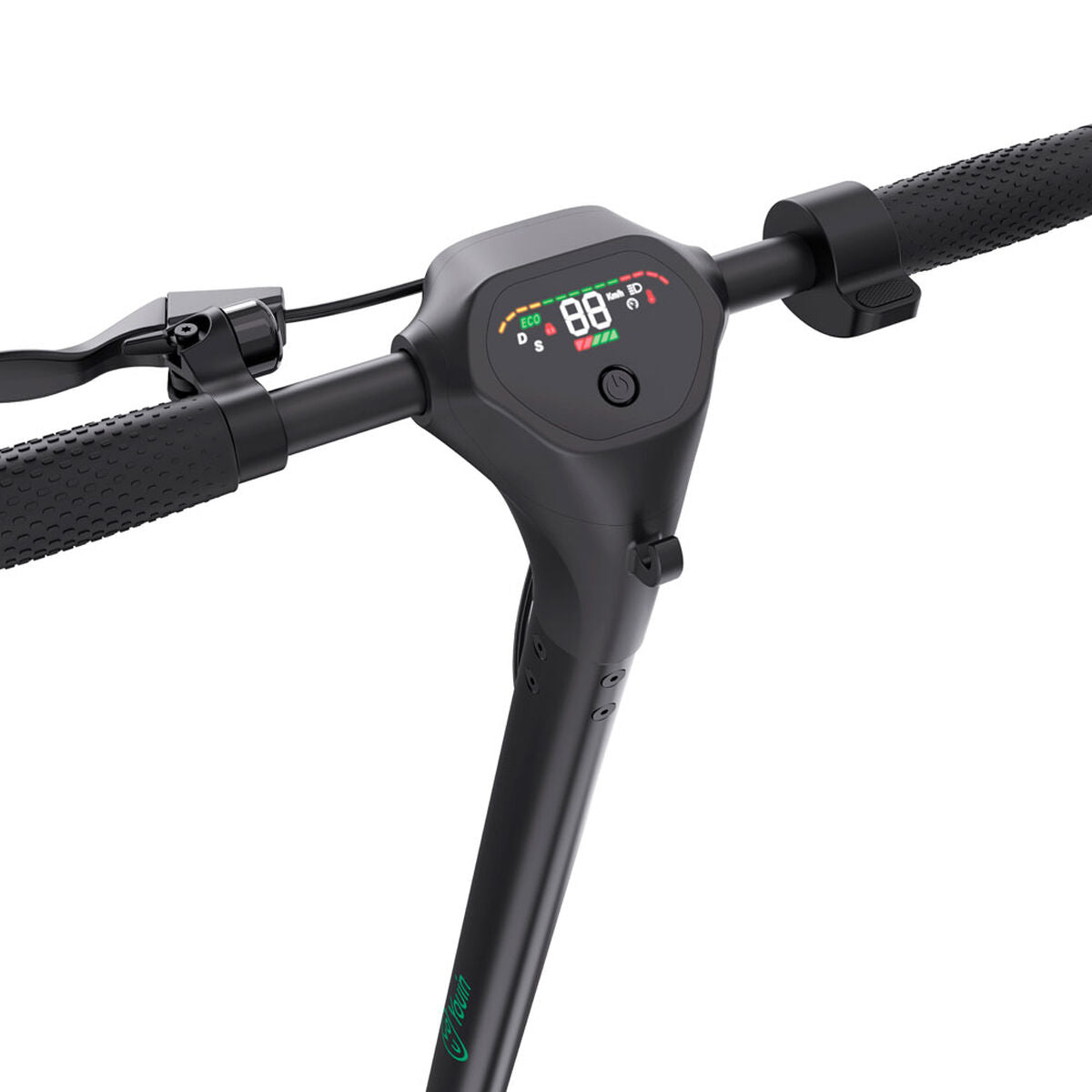 Close-up of scooter handlebar with digital display on a white background. Axis-Dynamics