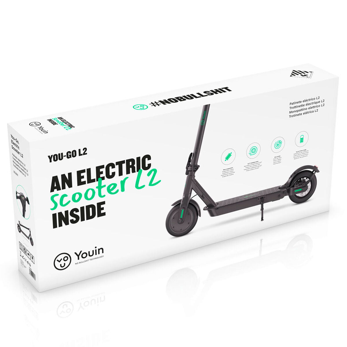 Box packaging of an electric scooter with branding and product details.