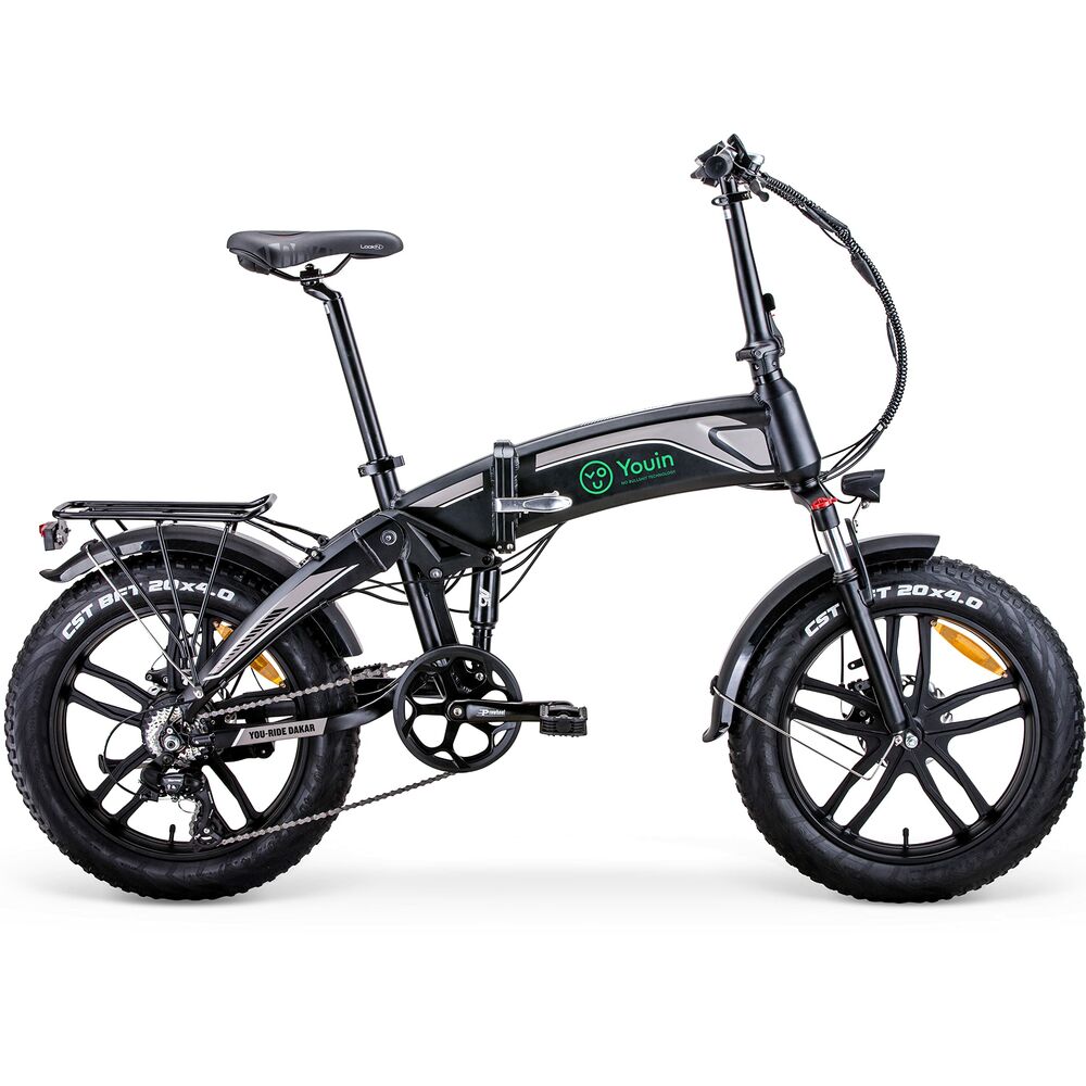 Black folding electric bike with visible branding on a white background