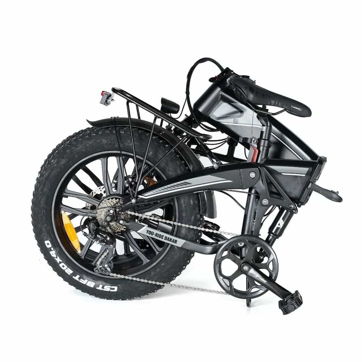 Black folding bike with large front wheel on a white background