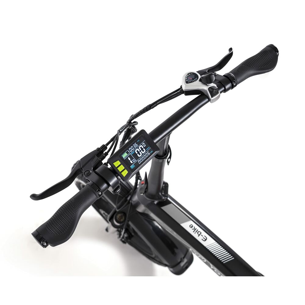 Close-up of an electric bike handlebar with a display on a white background