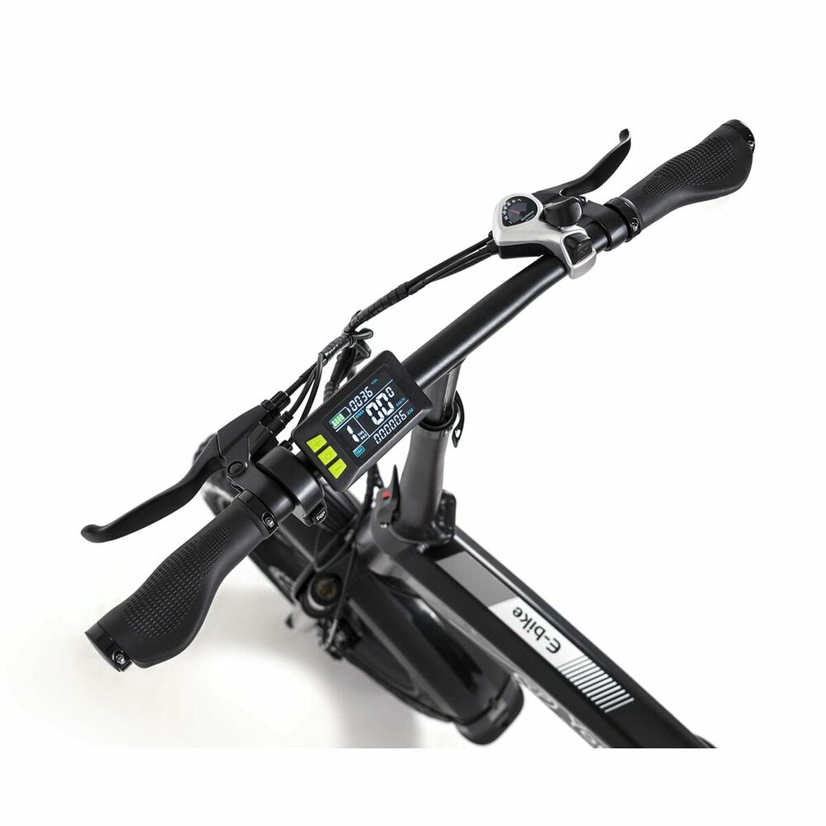 Close-up of an electric bike handlebar with a digital display on a white background