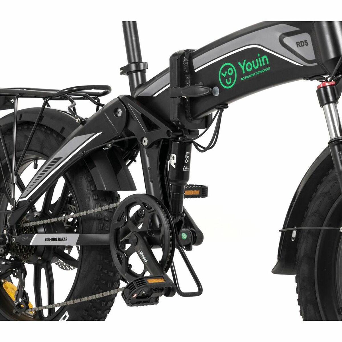 Close-up of a black electric bike with visible branding on a white background