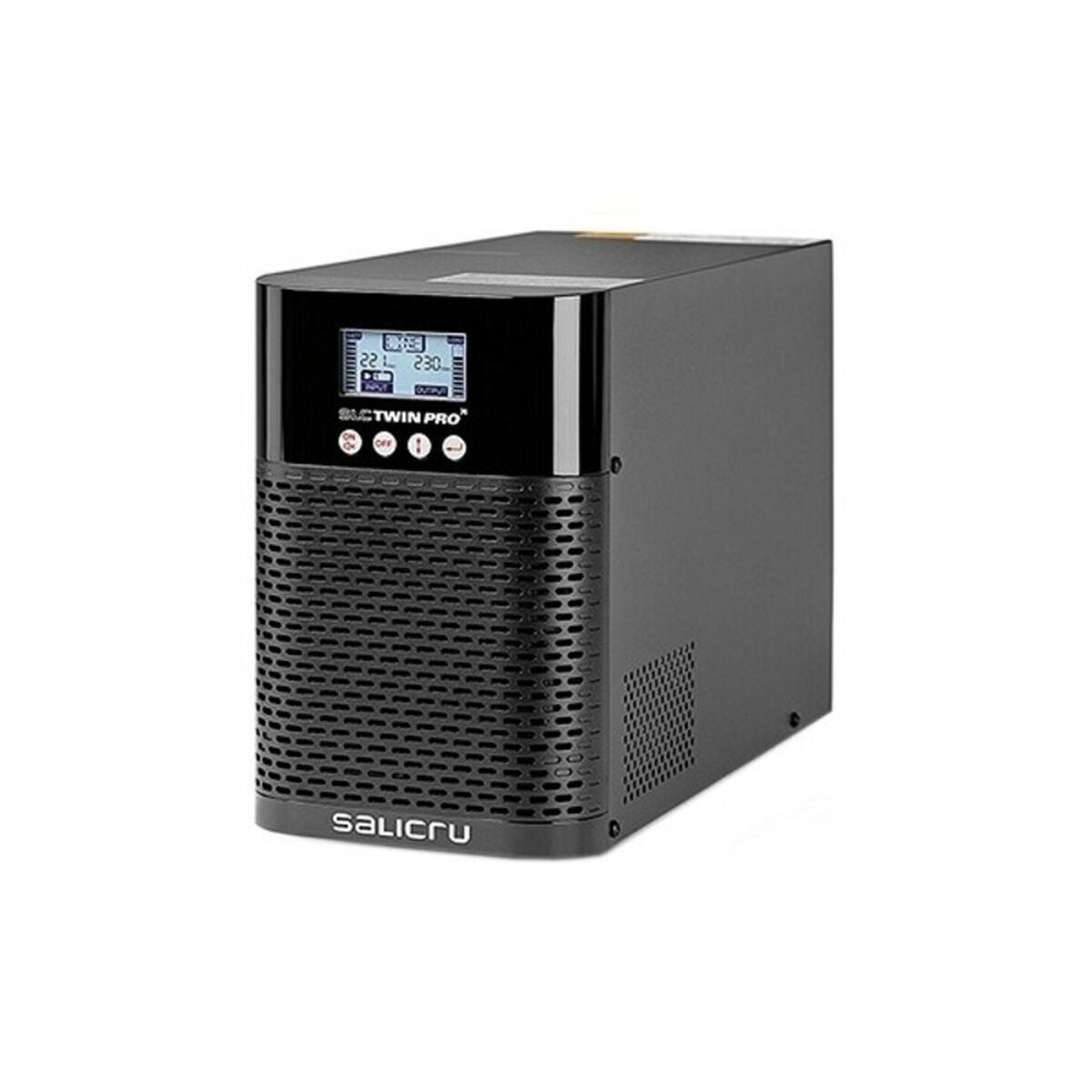 Black uninterruptible power supply (UPS) with digital display on a white background
