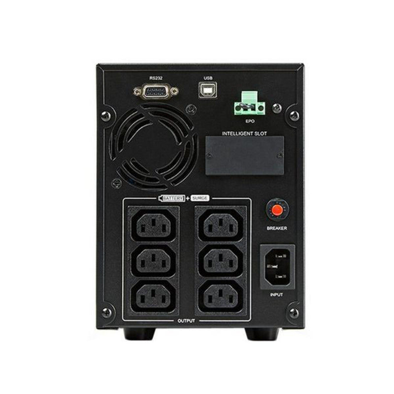 Back view of a power supply unit with multiple outlets and connectors on a white background