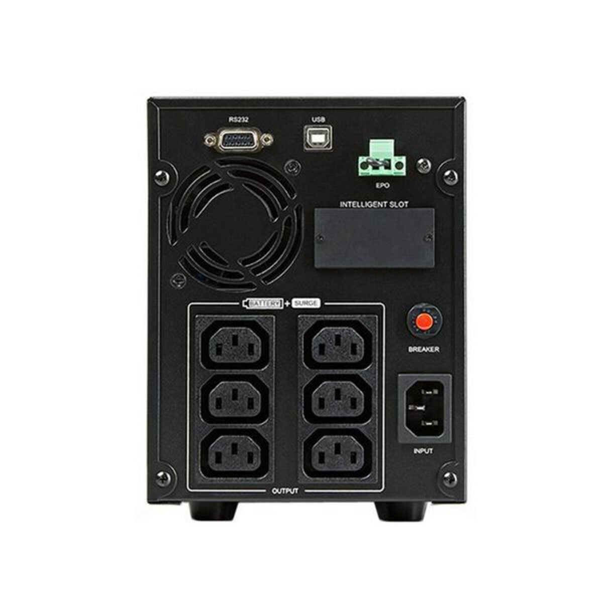Back view of a power supply unit with multiple sockets and connectors on a white background