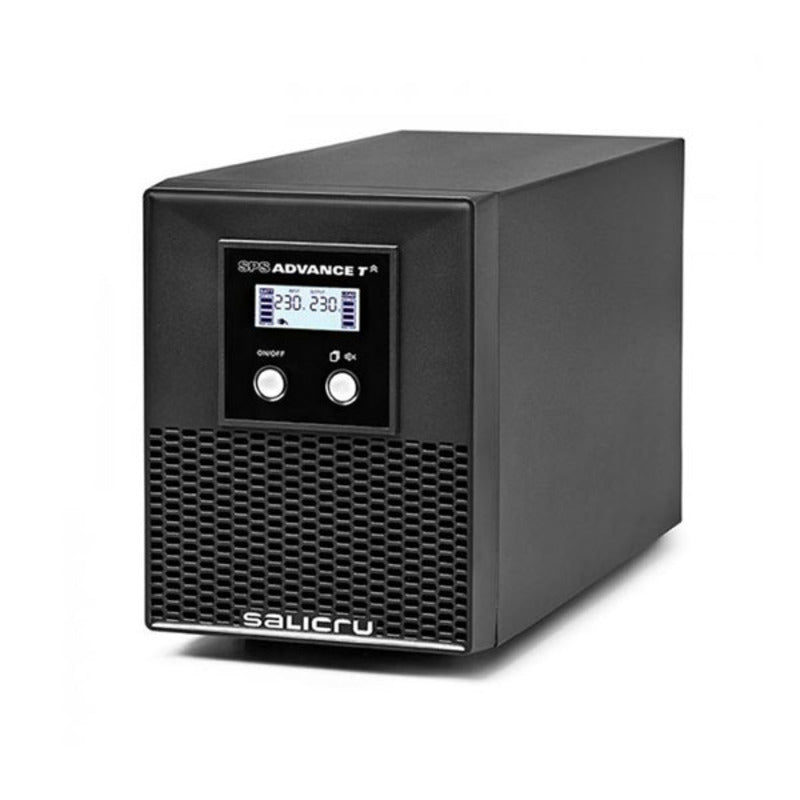 Black UPS (Uninterruptible Power Supply) with digital display on a white background