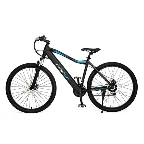 Black bicycle with blue accents on a white background
