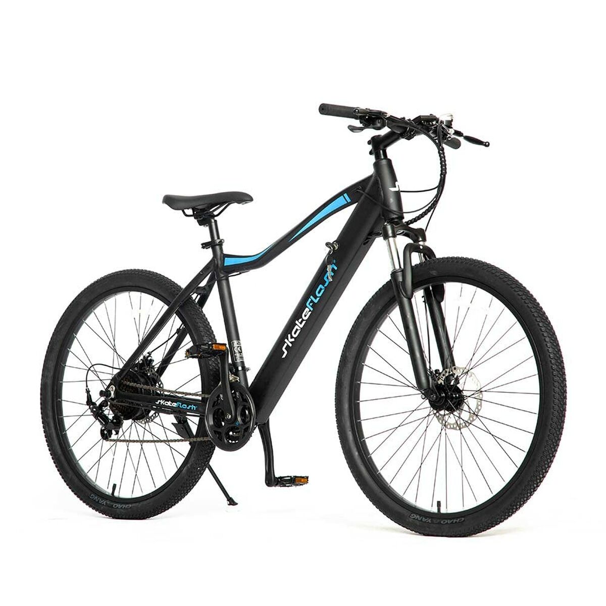 Black electric bike with blue accents on a white background