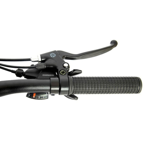 Close-up of a motorcycle handlebar with controls on a white background