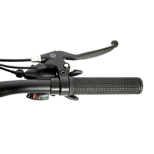 Close-up of a motorcycle handlebar with controls on a white background