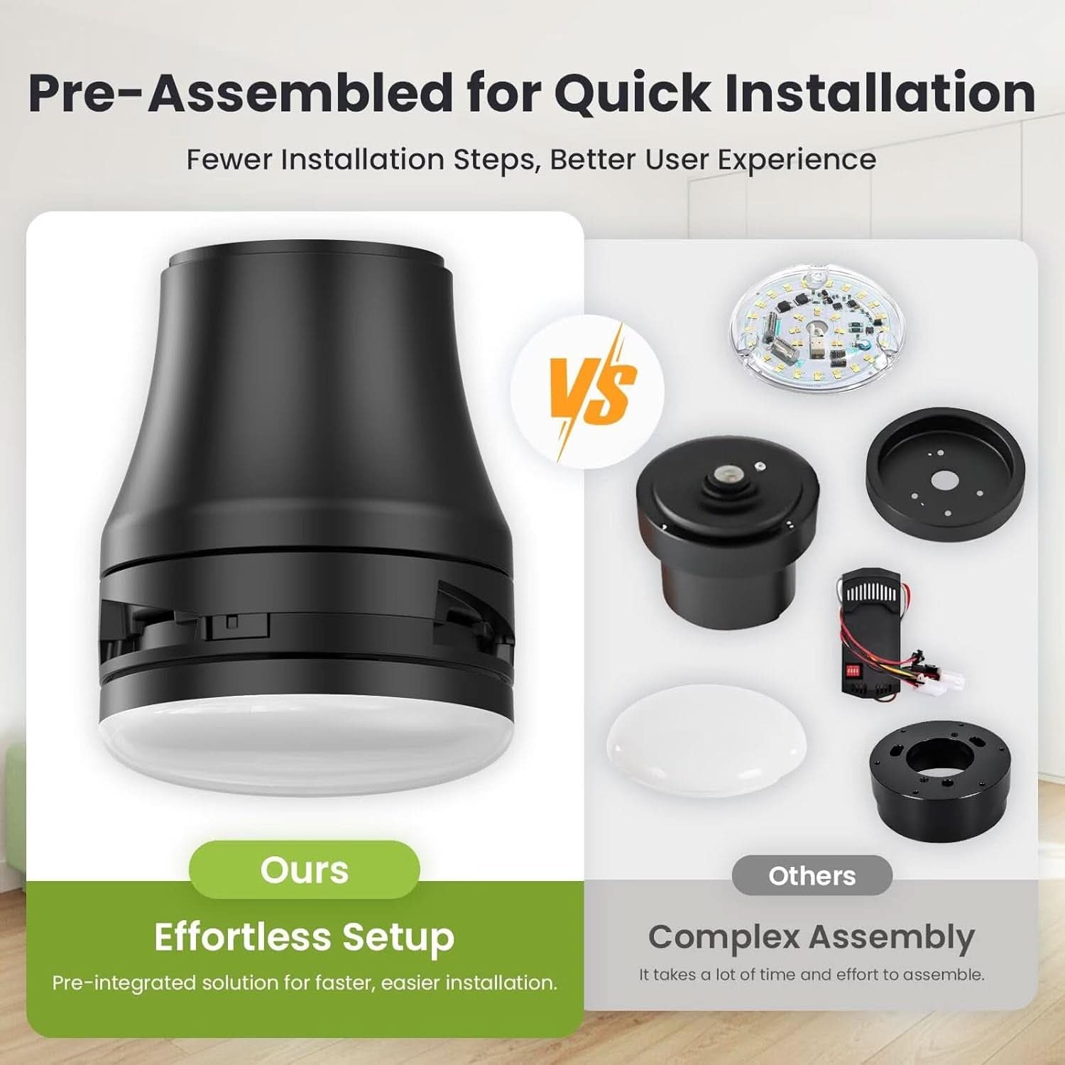 Pre-assembled product with disassembled parts on a white background, highlighting ease of installation.