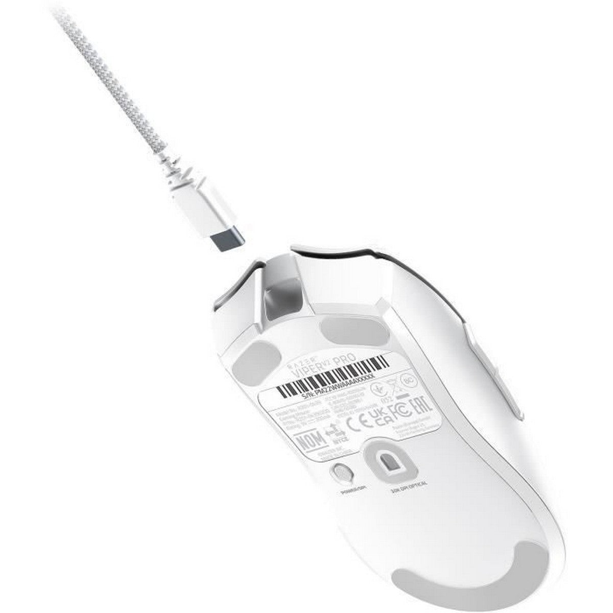 White gaming mouse with cable on a white background. open back studio headphones for spatial audio gaming. Axis-Dynamics