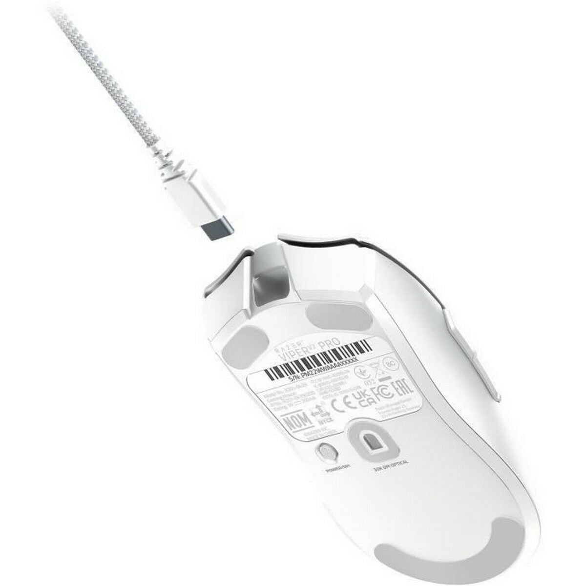 White gaming mouse with cable on a white background. open back studio headphones for spatial audio gaming. Axis-Dynamics