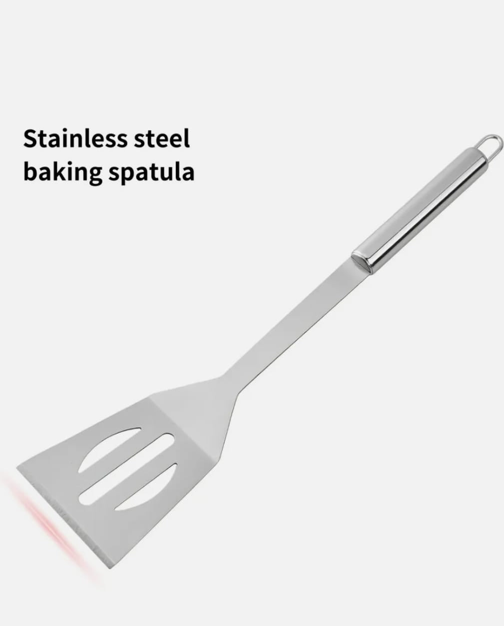 Stainless steel baking spatula on a white background with text.