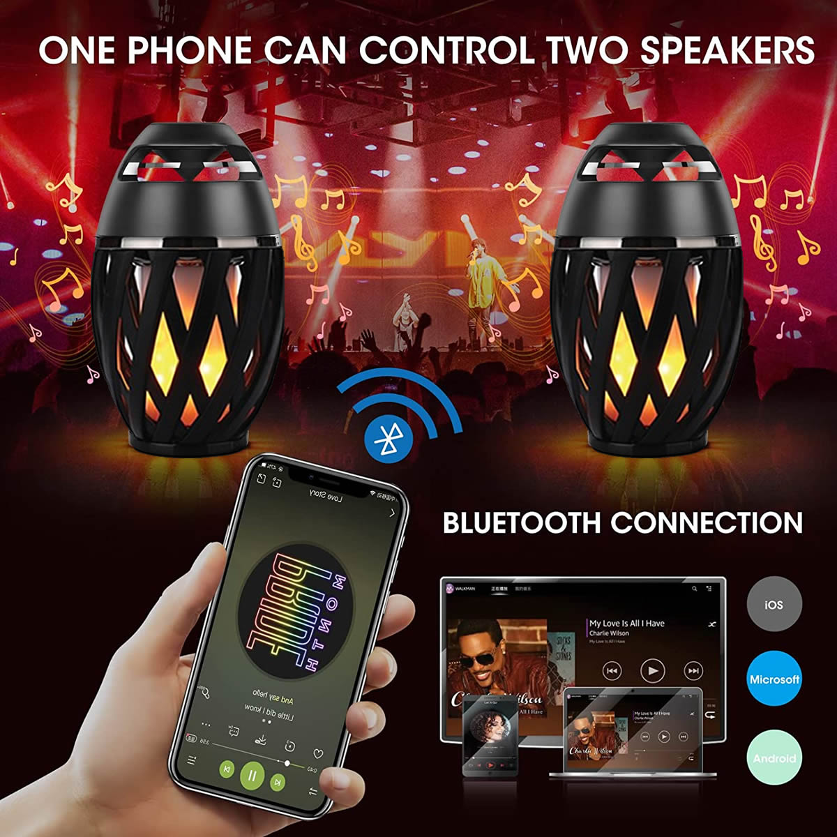 Two wireless speakers with Bluetooth connection displayed, showing app interface on smartphone.