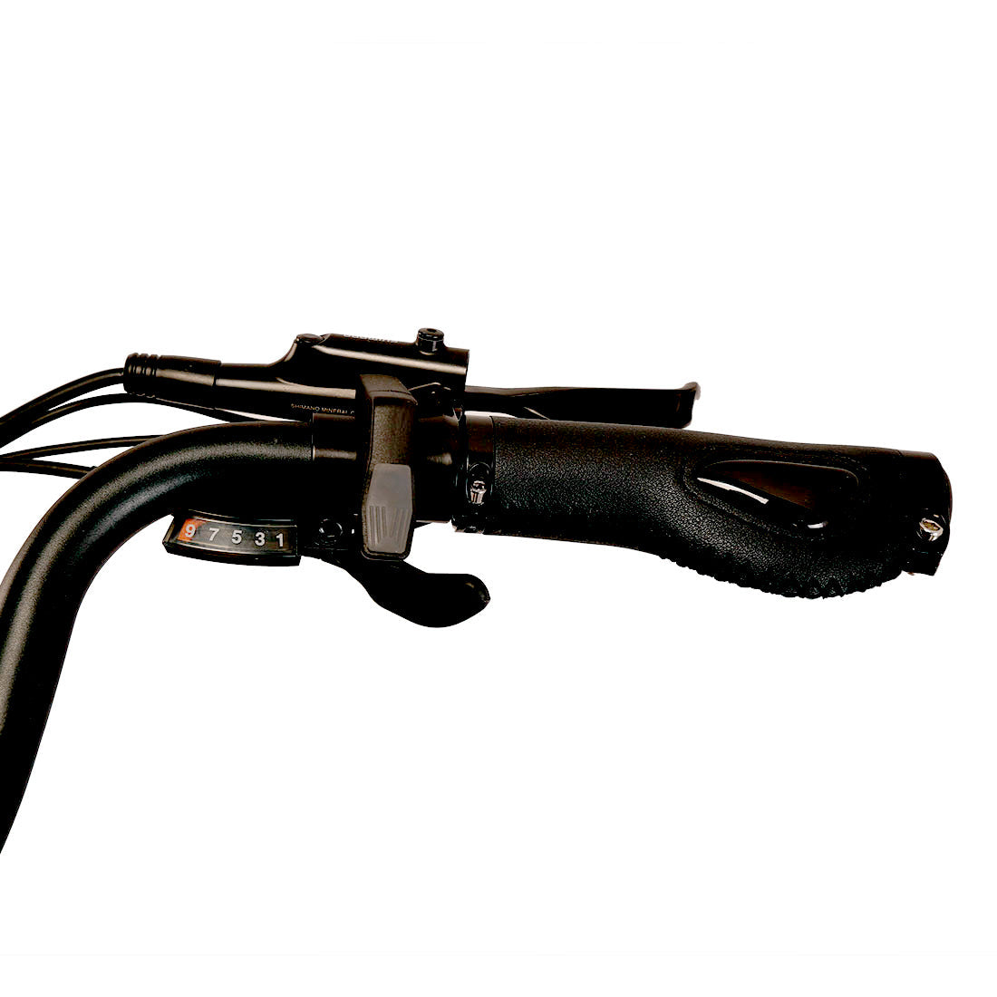Close-up of a motorcycle handlebar with controls on a white background