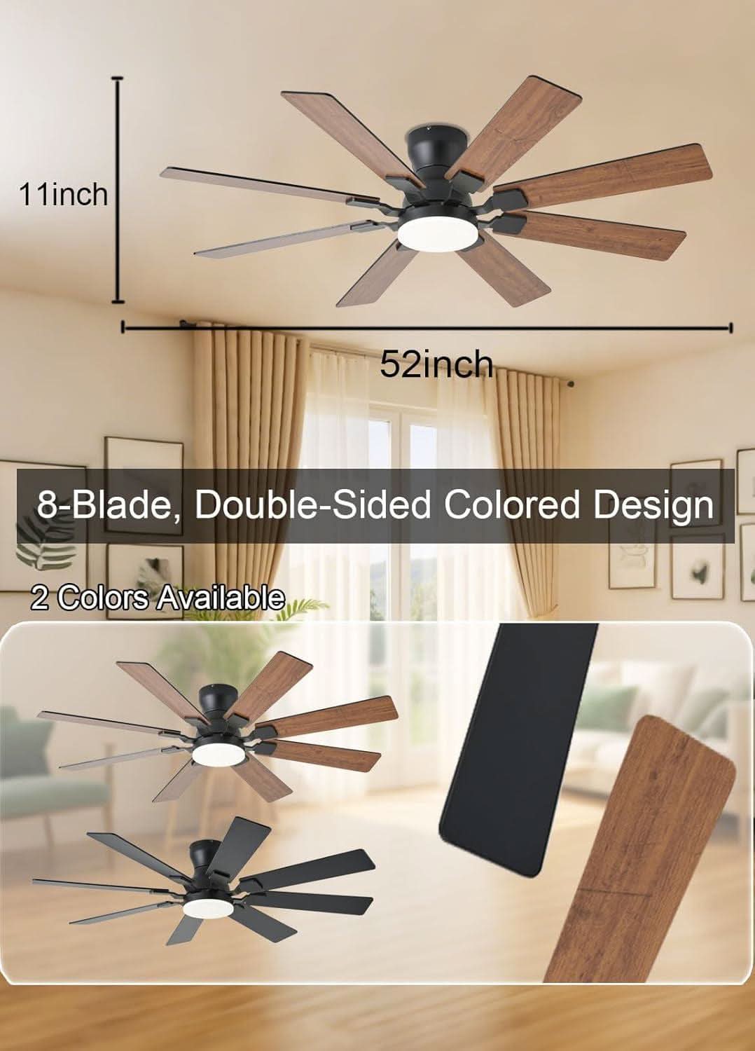 Ceiling fan with 8 blades, double-sided design, and measurement details in a room setting.