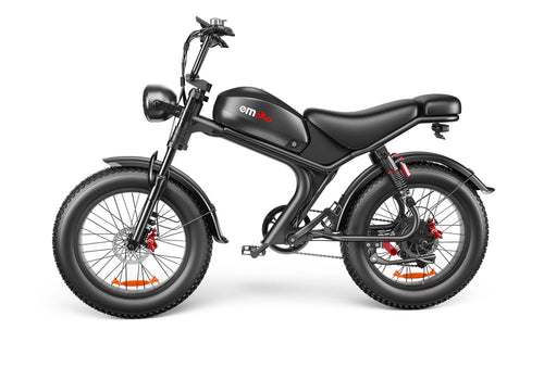 Black electric bike with 'amRide' branding on a white background