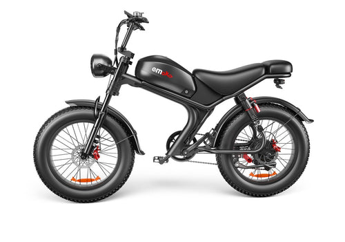 Black electric bike with 'amRide' branding on a white background