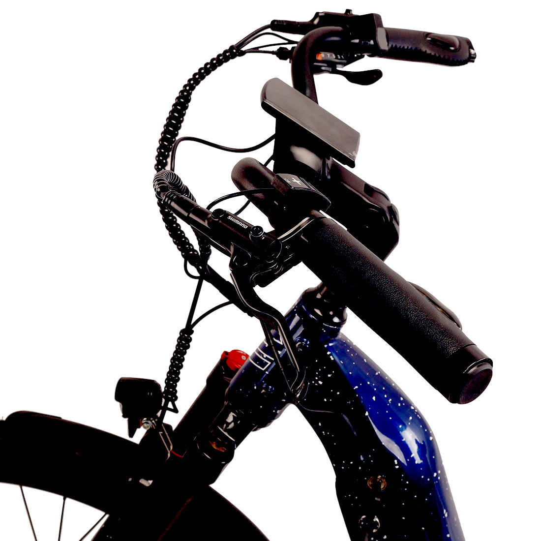 Close-up of a bicycle handlebar with a white background