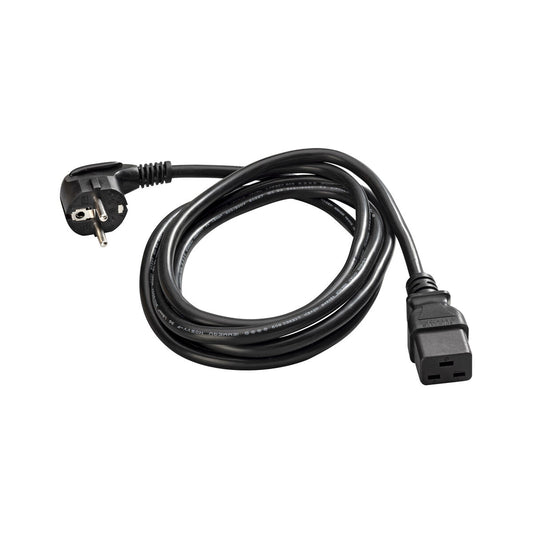 Black power cord with plug and socket on a white background