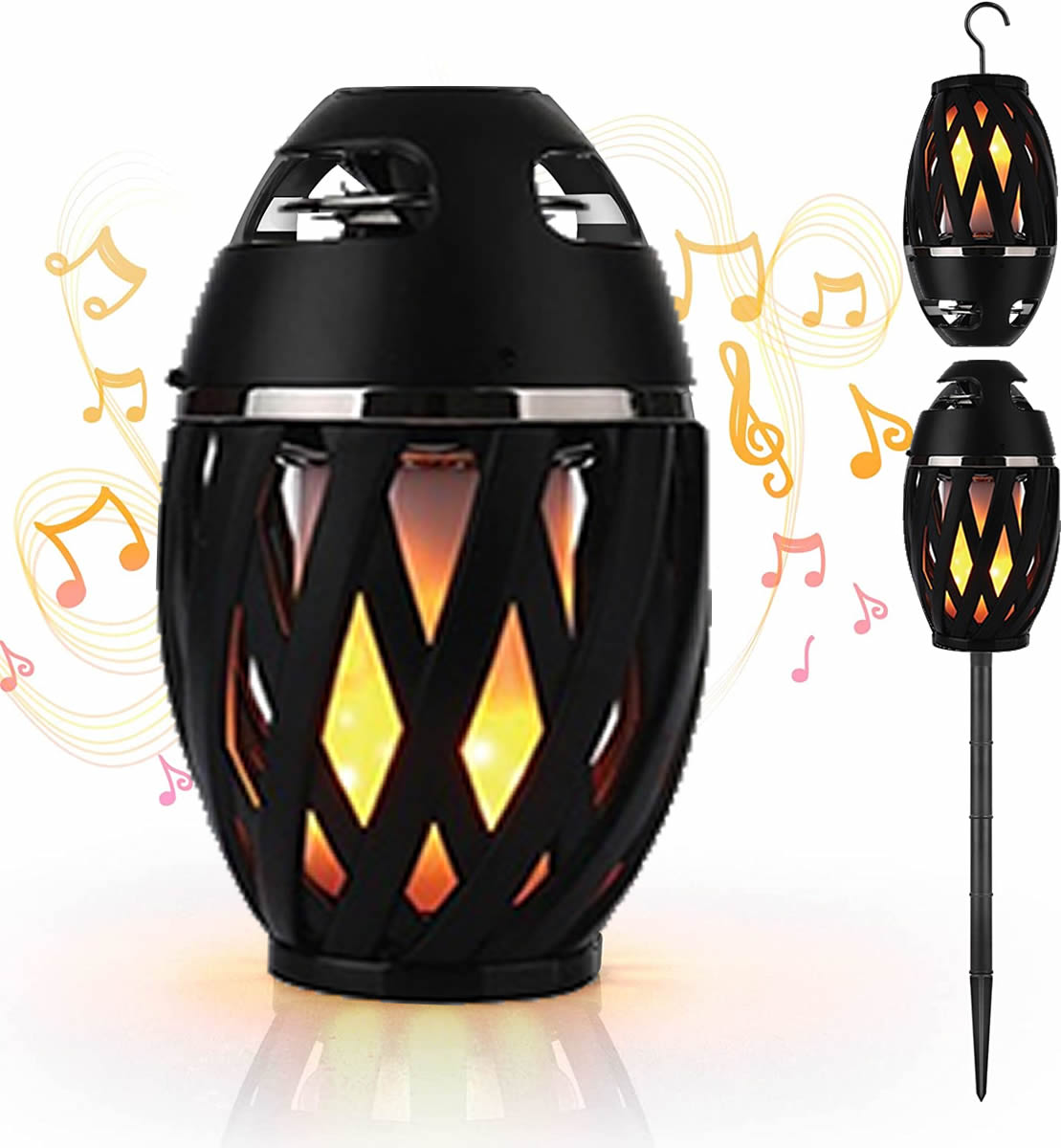 Black decorative lantern with flame-like design on a white background