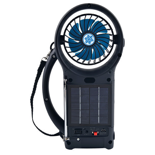 Portable fan with solar panel on a white background