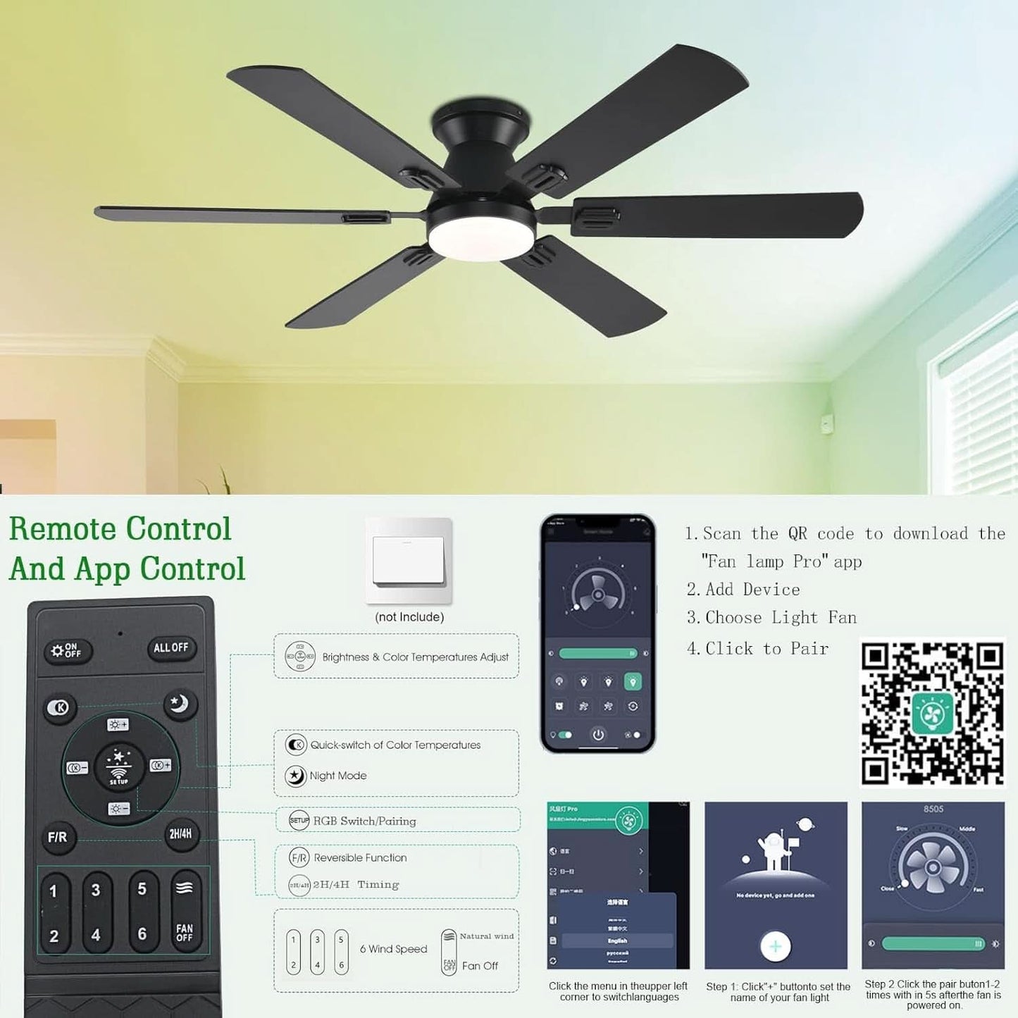 56Inch Jet Black Ultra Quiet Flush Mount Ceiling Fan