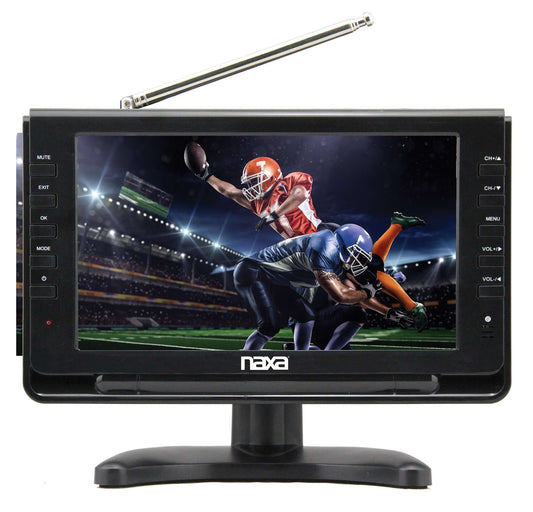 Small TV with Naxa branding displaying a football game on a white background