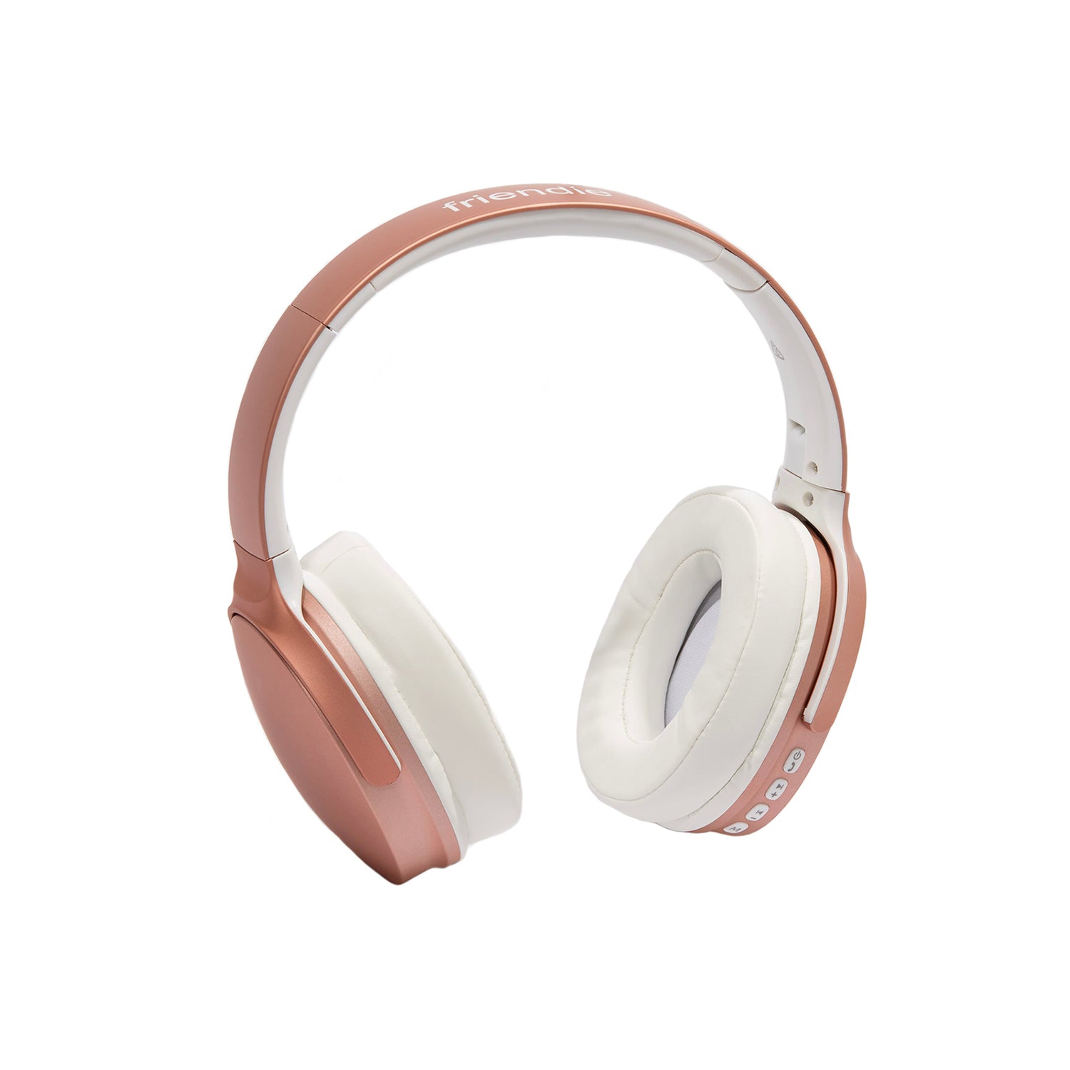 Rose gold and white headphones on a white background