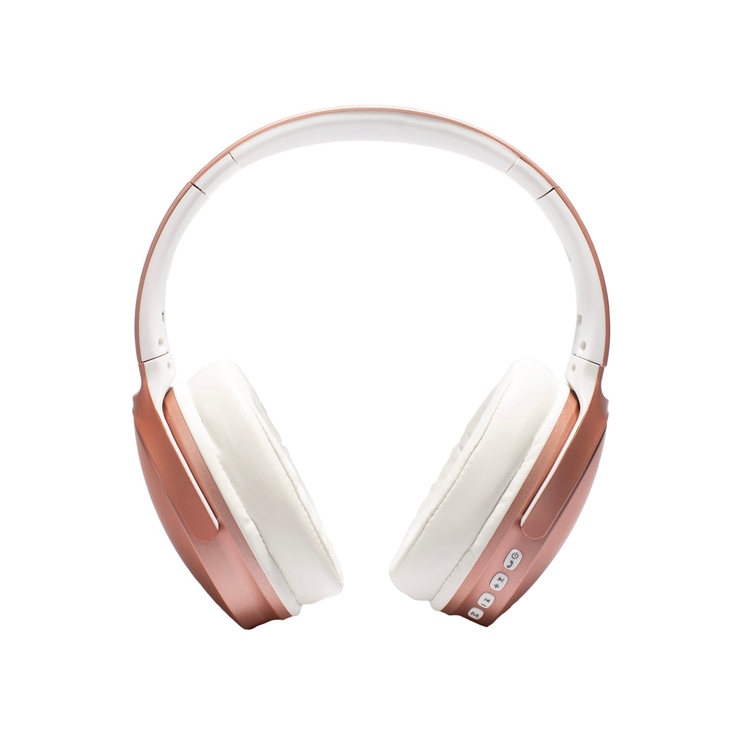 Rose gold and white headphones on a white background
