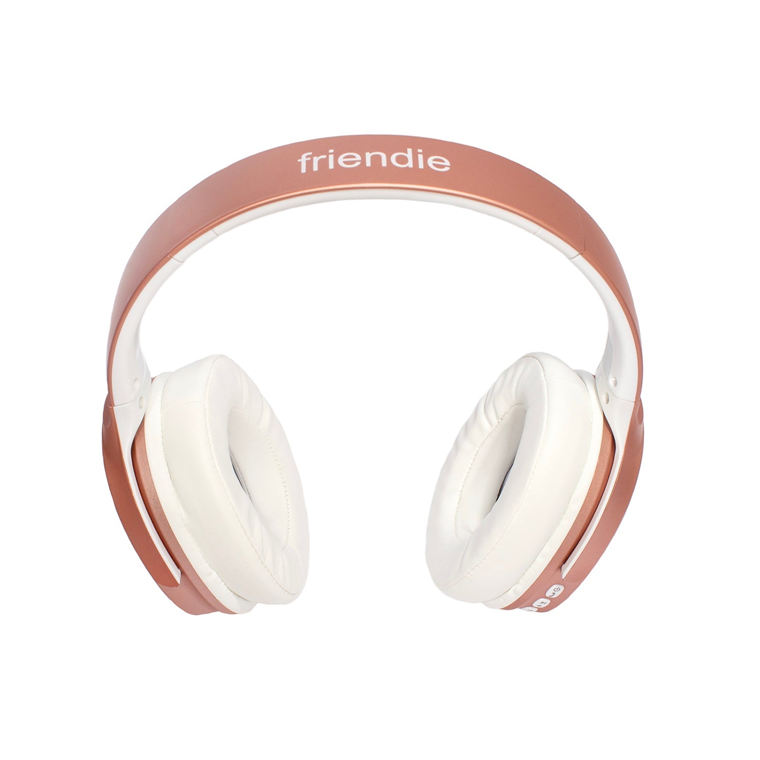 Rose gold headphones with white ear cushions on a white background