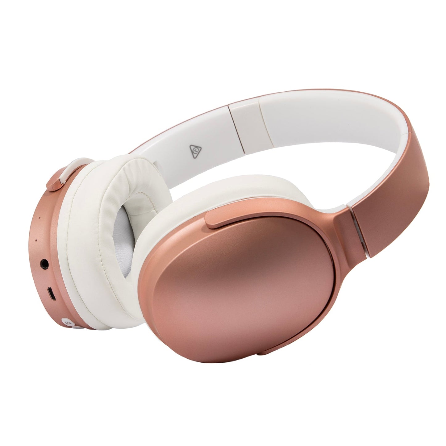 Rose gold and white headphones on a white background