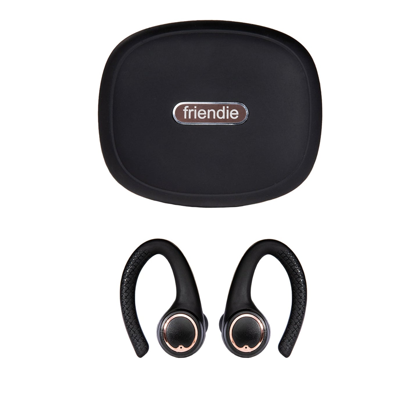 Black wireless earbuds with charging case labeled 'friendie' on a white background
