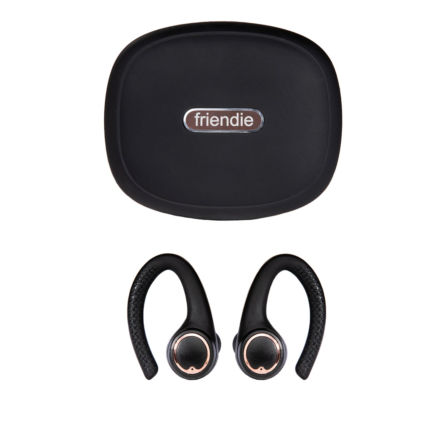 Black wireless earbuds with charging case labeled 'friendie' on a white background