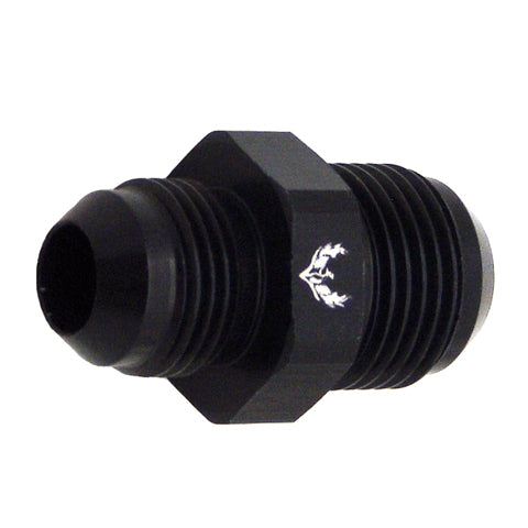 A black anodized aluminum fluid adapter with a hexagonal body, threaded ends, and a white stylized logo on the side, shown against a plain white background.  Best automotive parts and accessory online shop. Axis-Dynamics.