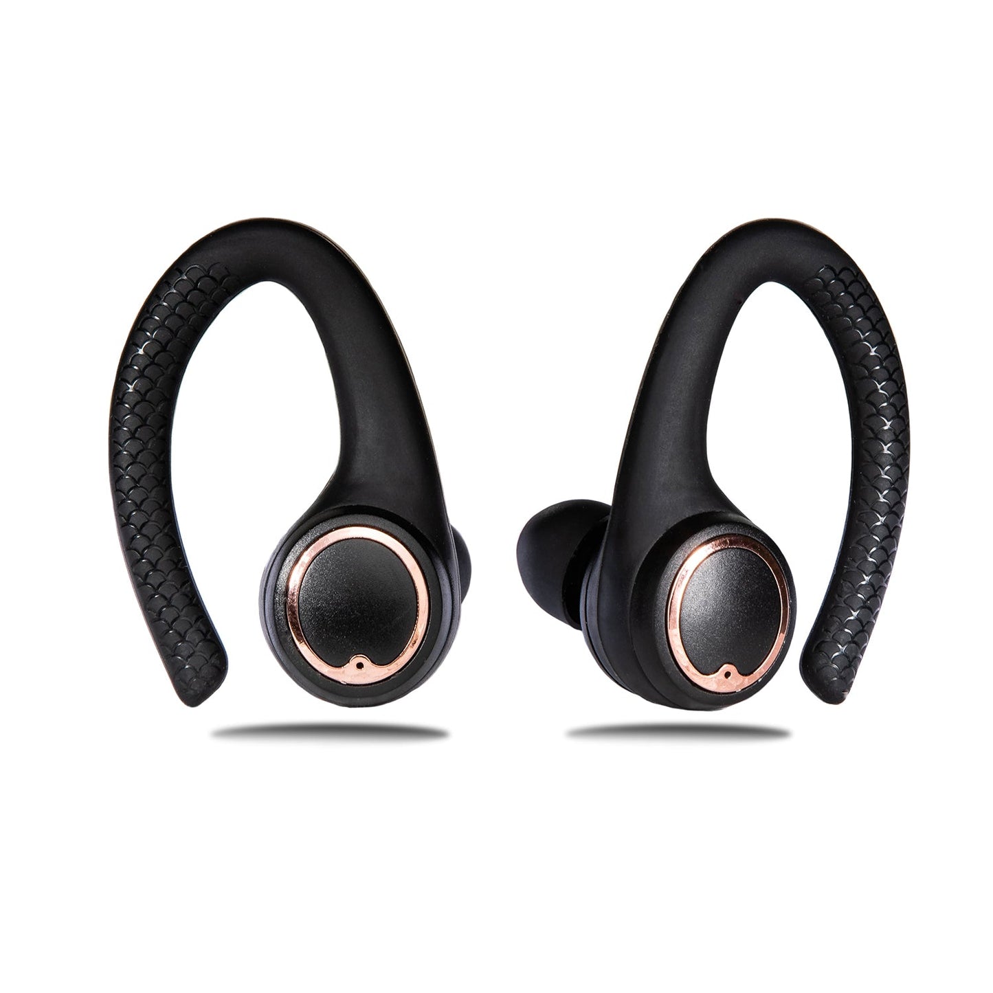 Black wireless earbuds with rose gold accents on a white background