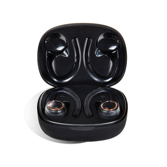 Black wireless earbuds in a charging case on a white background