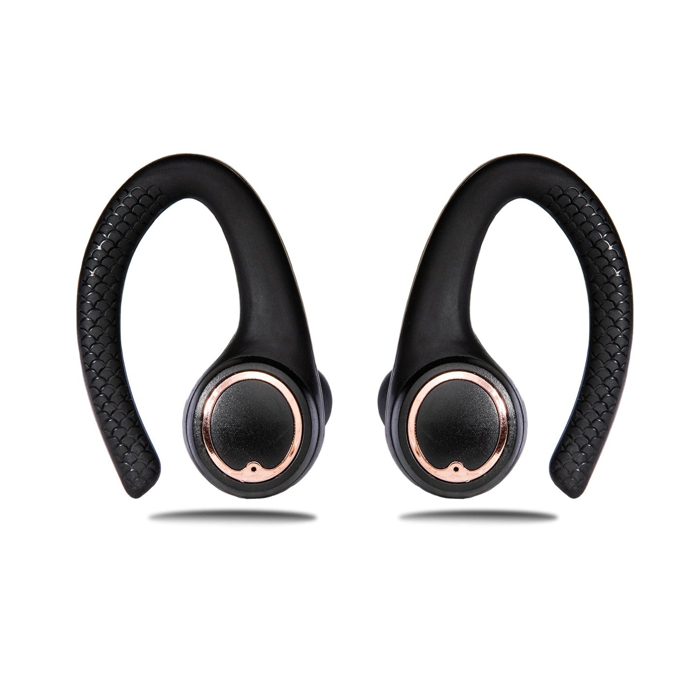 Black wireless earbuds with rose gold accents on a white background