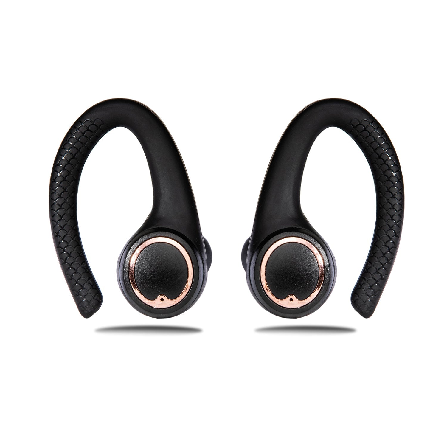 Black wireless earbuds with rose gold accents on a white background