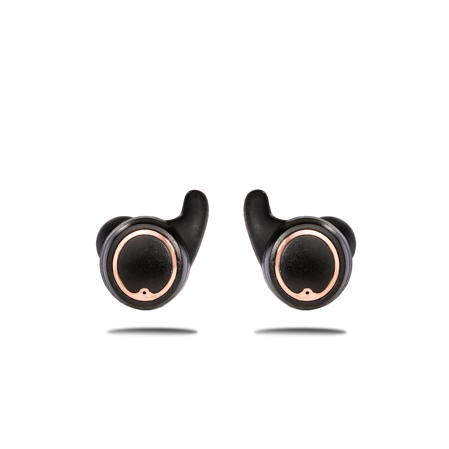 Black wireless earbuds with rose gold accents on a white background